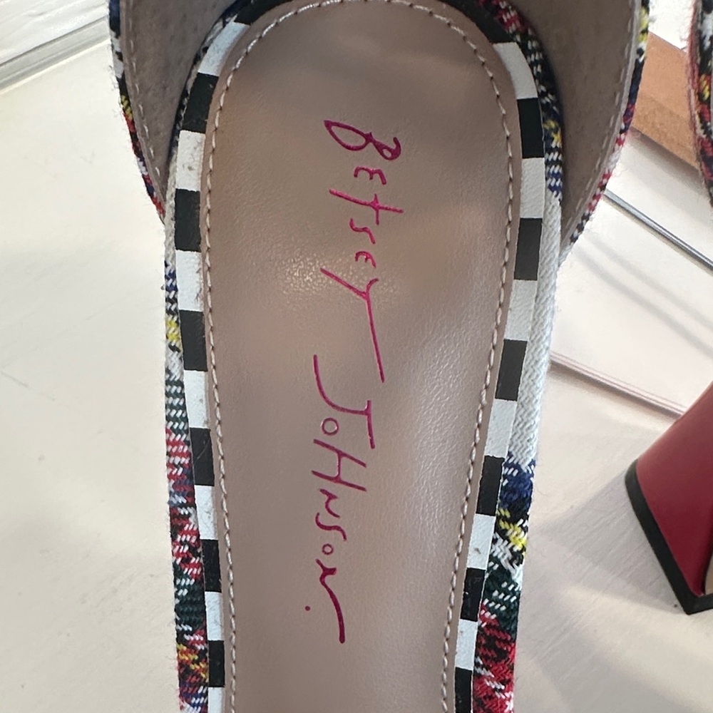 Betsey Johnson Plaid Heels with Black Bow and Rhinestones - Picture 2 of 5